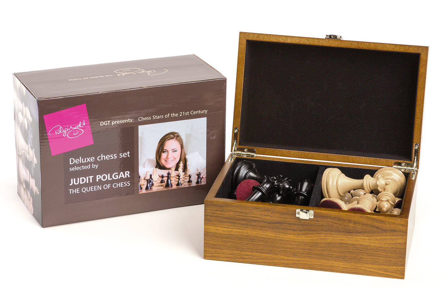 Judit Polgar Deluxe wooden chess pieces in their wooden box, with retail packaging