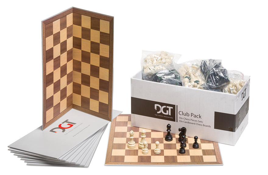 DGT Club Pack: ten folding tournament boards and ten sets of 95 mm plastic Staunton pieces